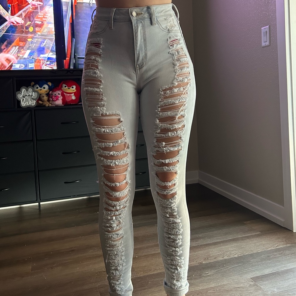 Fashion Nova Light Blue Skinny Jeans Distressed Style